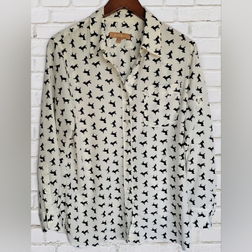 Ellen Tracy size Small puppy print white blouse
